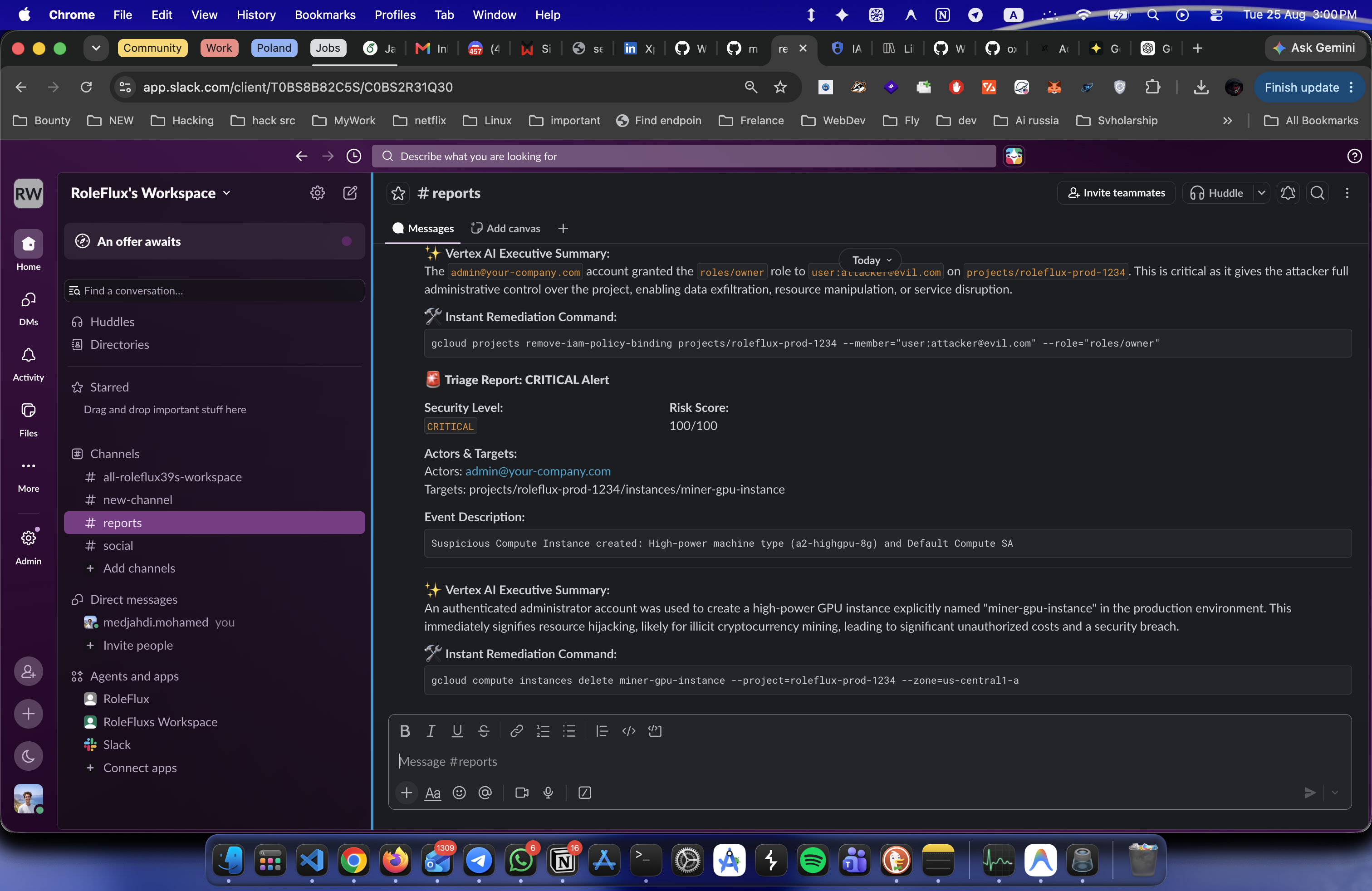 RoleFlux Slack alert with remediation guidance