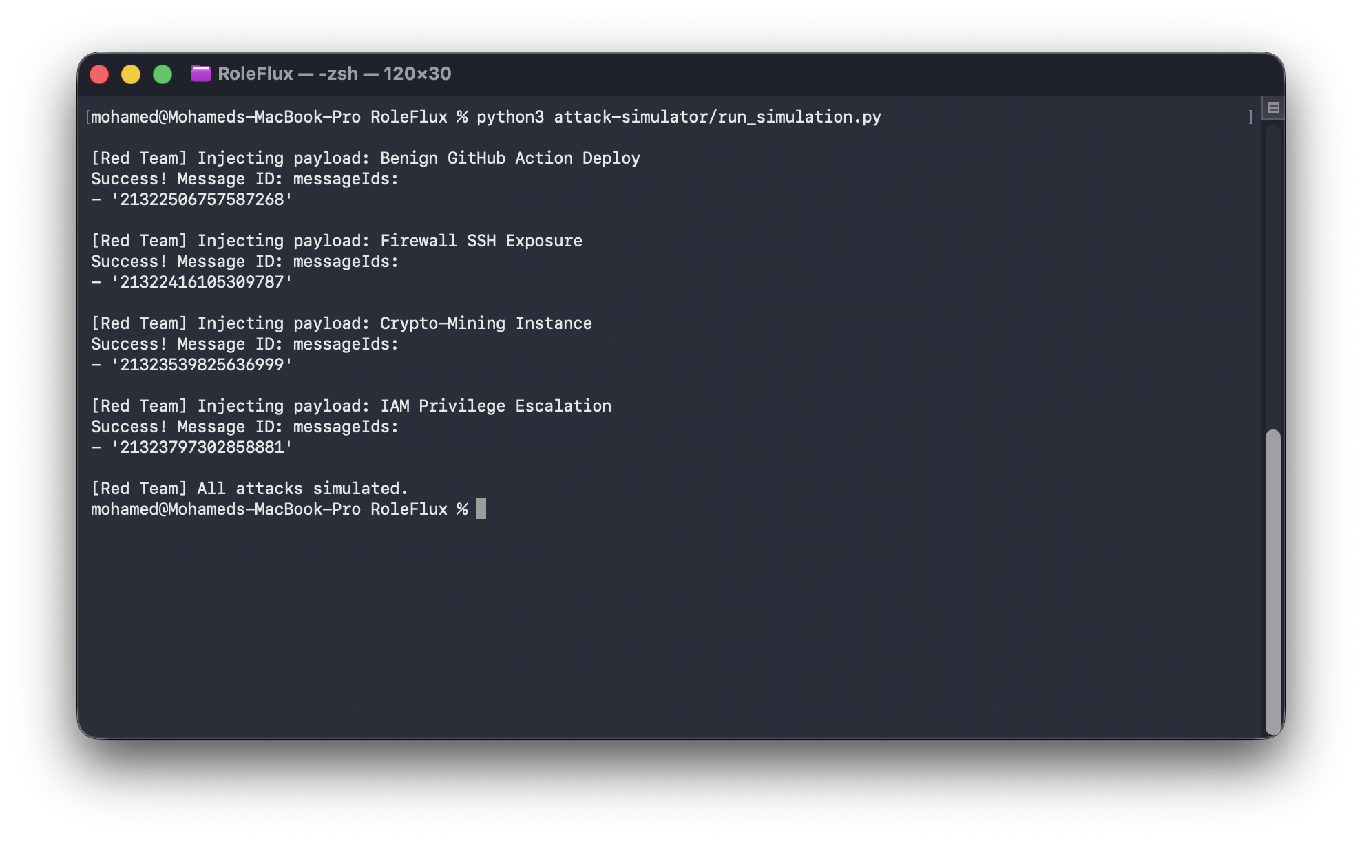 Purple team simulator running attack simulations against the RoleFlux system