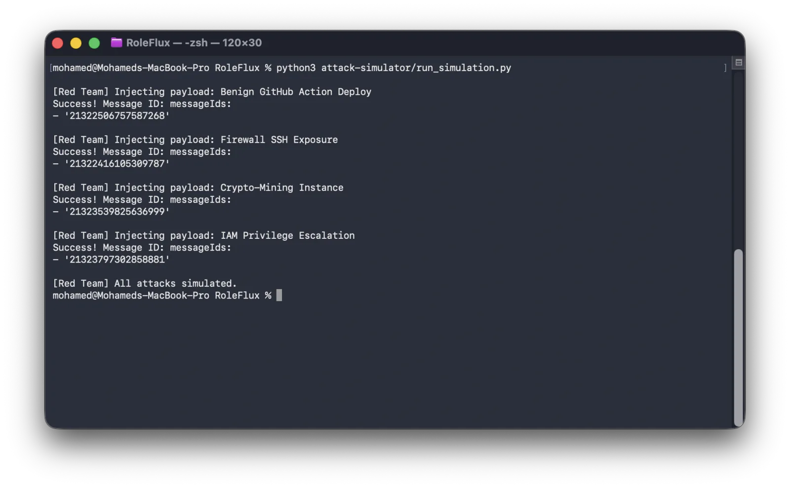 Purple team simulator running attack simulations against the RoleFlux system